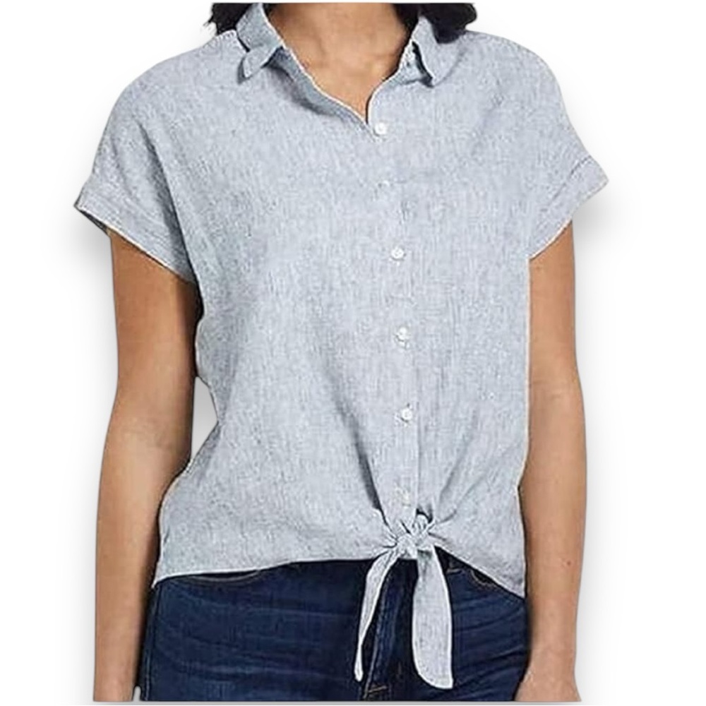 WEATHERPROOF VINTAGE Blue‎ & White Striped Washable Linen Tie Front Top | EUC